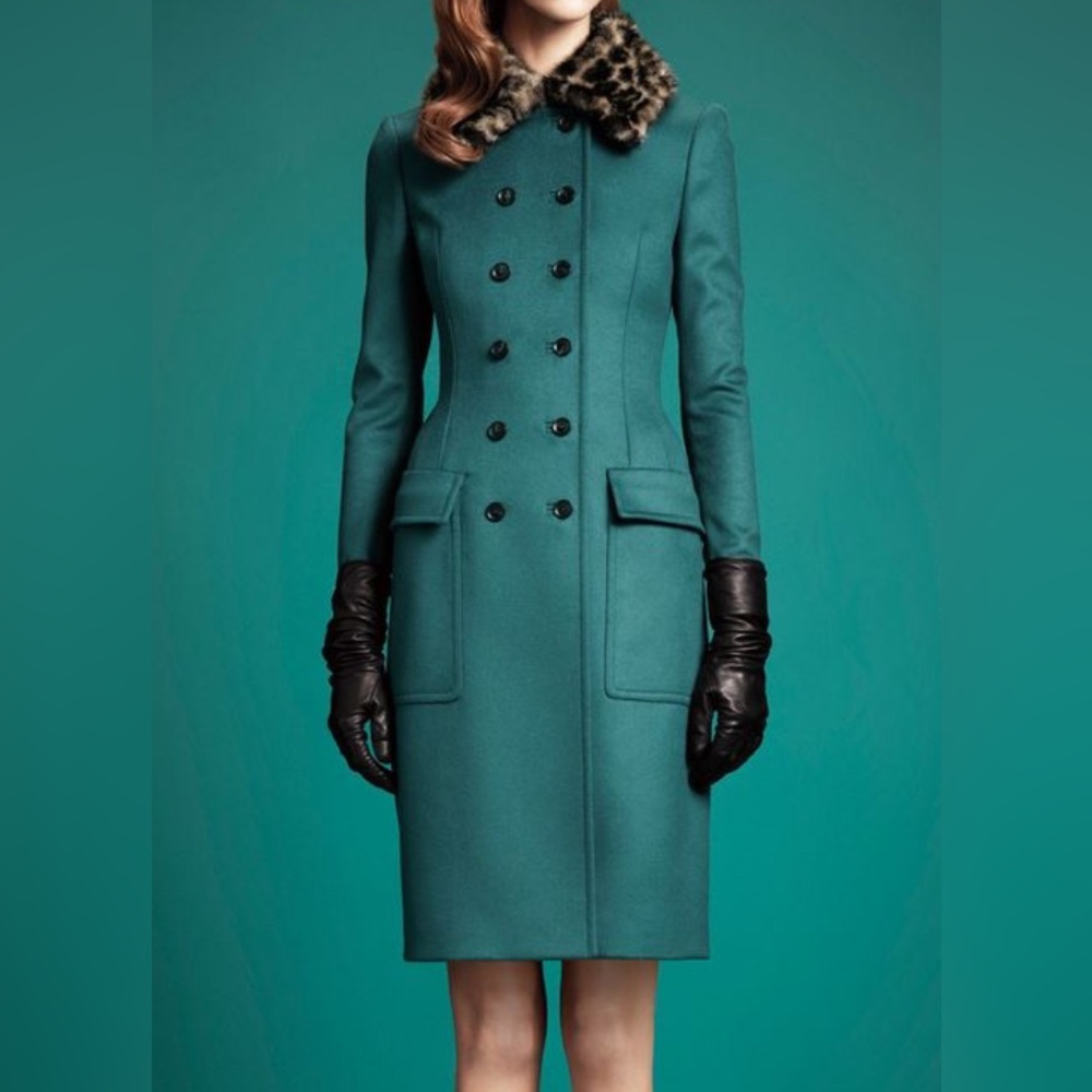 Rare Gucci Double Breasted Teal Virgin Wool Coat W Leopard Mink Collar, Sz 42 - Picture 2 of 14